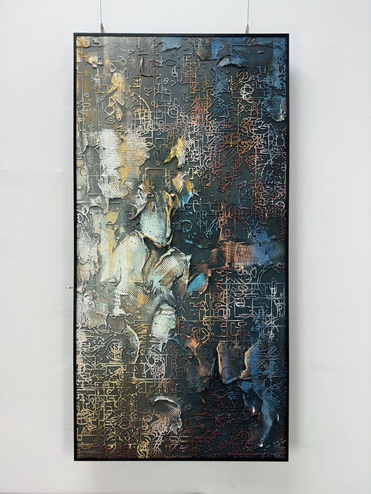 Abstract painting with textural elements on a white wall