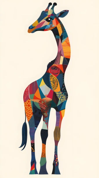 Playful Illustration Giraffe Adorned With Vibrant Geometric Patterns Light Background