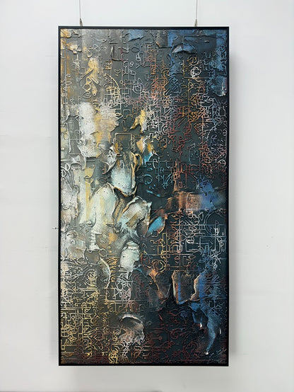 Abstract painting with textural elements on a white wall