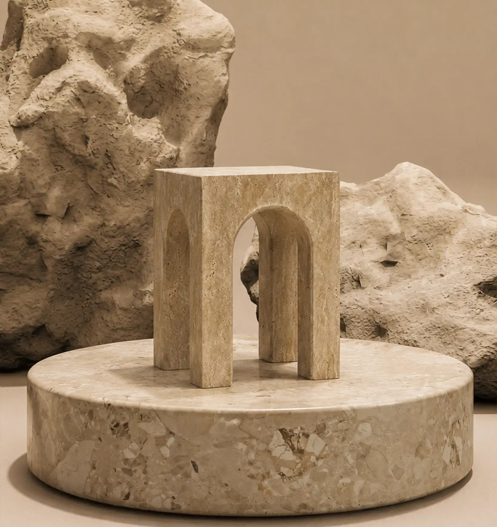A beige marble display stand with a square top and two arched openings, on a round marble base