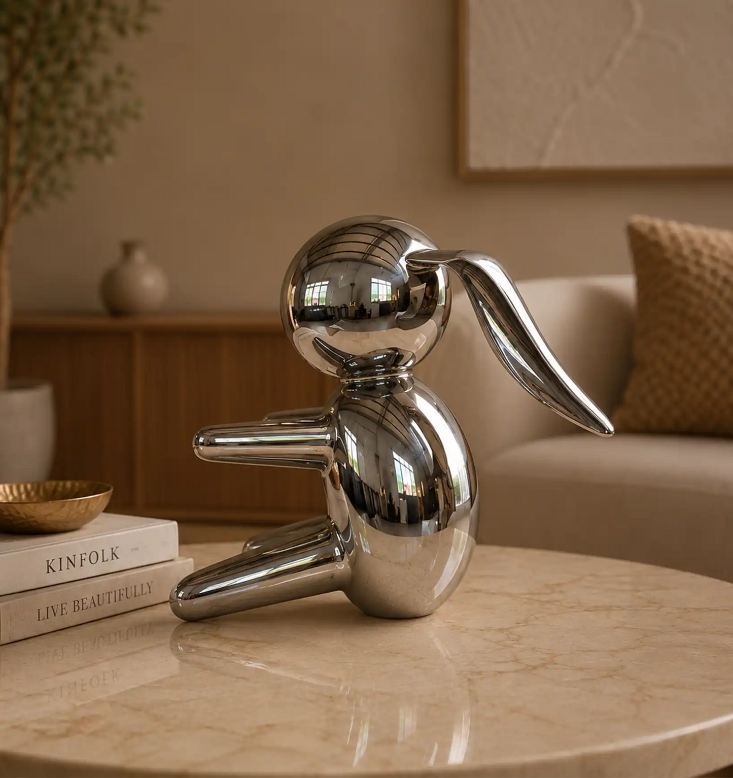 Silver chrome bunny sculpture on a marble coffee table with books and a gold bowl