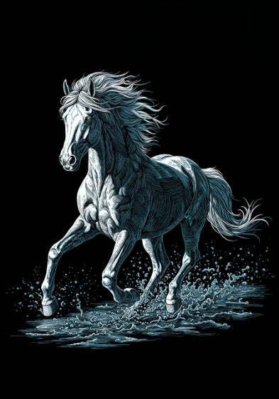 White horse running through water on a black background