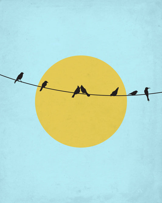 Birds On Wires With Sun In The Blue Sky - Aesthetic Illustration