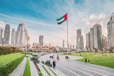 Scenic View Dubai Skyline With Skyscraper Buildings National Flag Sightseeing Travel Destinations Arab Emirates
