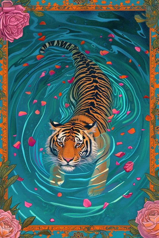 Tiger In Pond With Rose Petals