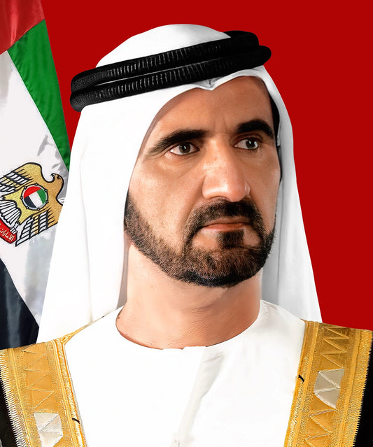 Sheikh Mohammed bin Rashid al Maktoum Flag Portrait Red Background