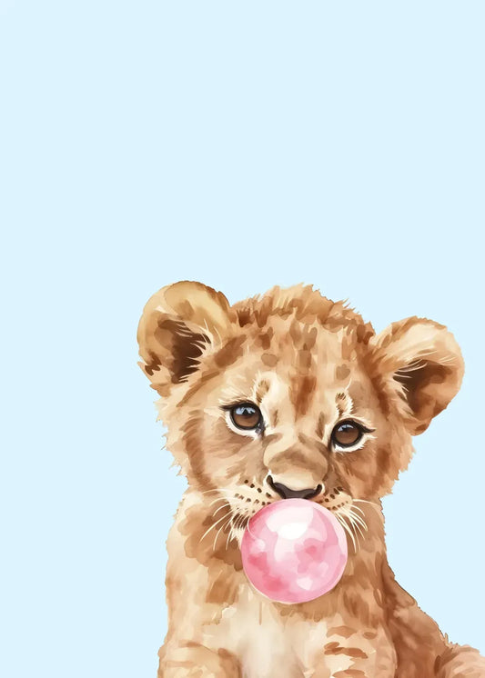 Lion Cub Blowing Bubblegum In A Blue Setting