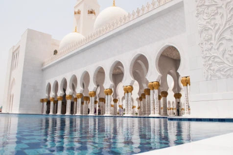 Low Angle View Sheikh Zayed Mosque By Pond