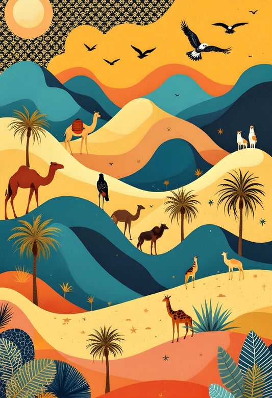 رسم توضيحي مفصل بأسلوب حديث لصحراء ملونة بأشجار النخيل