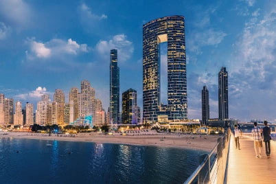 Dubai Uae Panoramic View Footbridge With Tourists Leading Numerous Skyscrapers With Hotels Residential Buildings Gulf Coast Dubai