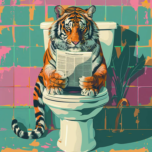 Tiger On Toilet Seat Reading Newspaper