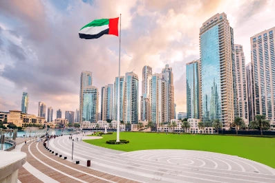 Dubai Uae Scenic View Dubai Skyline With Skyscraper Buildings National Flag Sightseeing Travel Destinations Arab Emirates