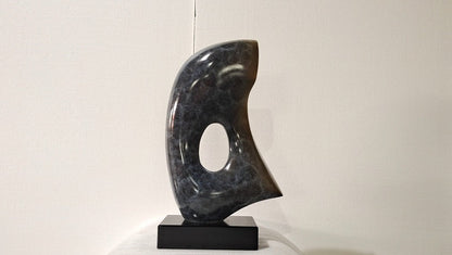 Abstract black marble sculpture on a white pedestal against a plain background