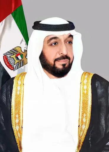 صورة الشيخ خليفة بن زايد آل نهيان بعلم رمادي