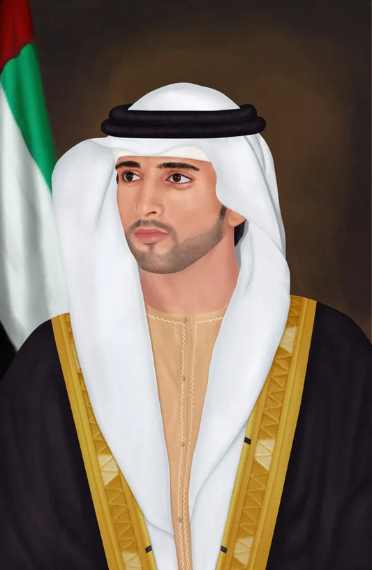 His Highness Sheikh Hamdan Bin Mohammed Oil Painting With Flag