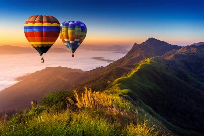 Landscape Morning Fog Mountains With Hot Air Balloons Sunrise