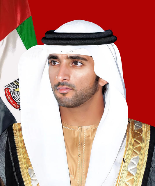 Sheikh Hamdan bin Mohammed bin Rashid al Maktoum Flag Portrait Red Background - premium UAE royal portrait wall art