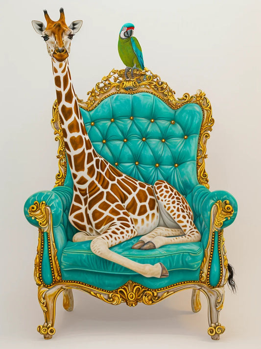 Giraffe And Parrot On Royal Sofa