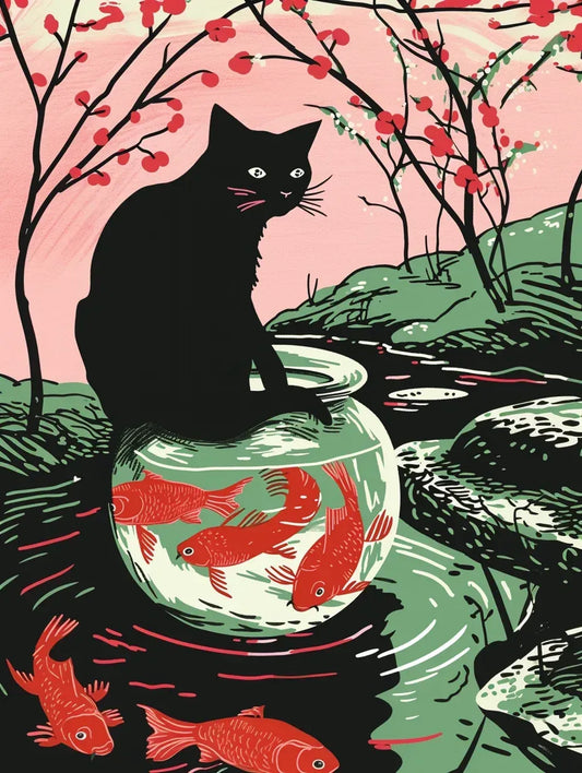 Black Cat Sitting On Fish Bowl