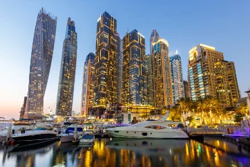 Dubai Marina Skyline Yacht Harbor Architecture Travel Night Twilight United Arab Emirates