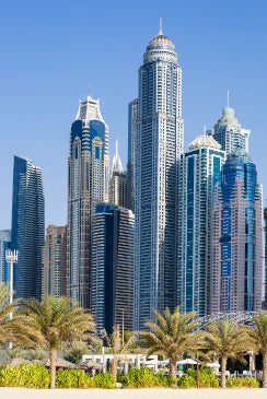 Vertical View Skyscrapers Palm Trees Dubai Uae