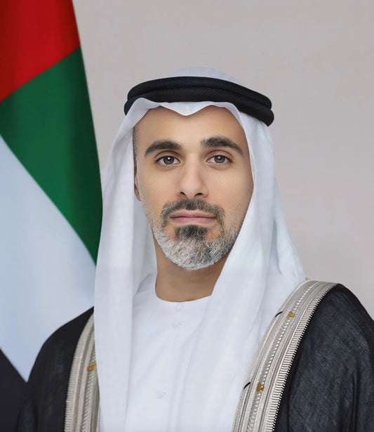 Sheikh Khaled bin Mohamed bin Zayed Al Nahyan Grey UAE Flag Royal Portrait - premium UAE royal portrait wall art