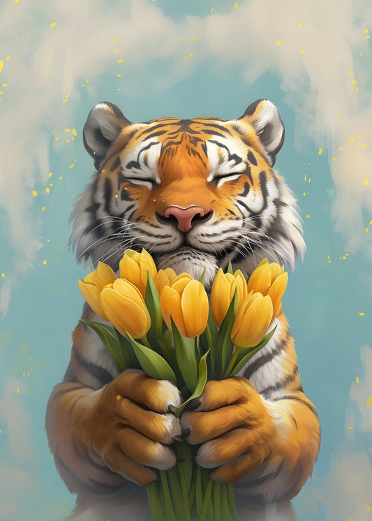 Tiger With Cute Face Giving Flowers