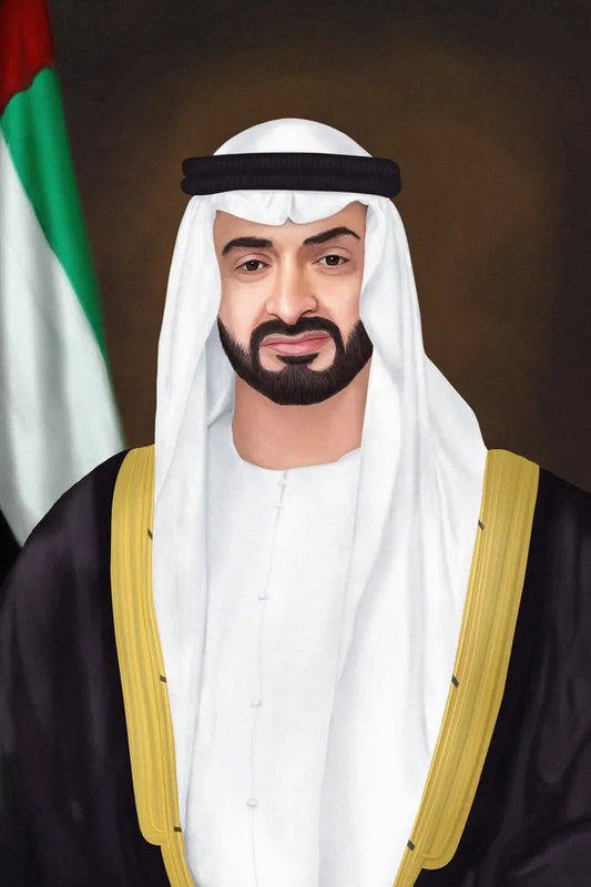 His Highness Sheikh Mohamed Bin Zayed Oil Painting With Flag