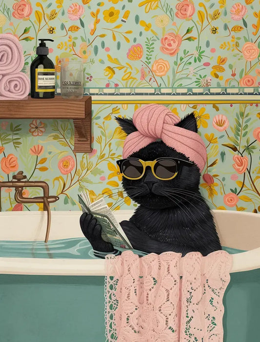 Black Cat Lounging In A Jacuzzi With A Book