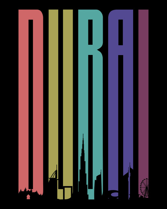 Dubai Typography Art With Skyline On Black Background