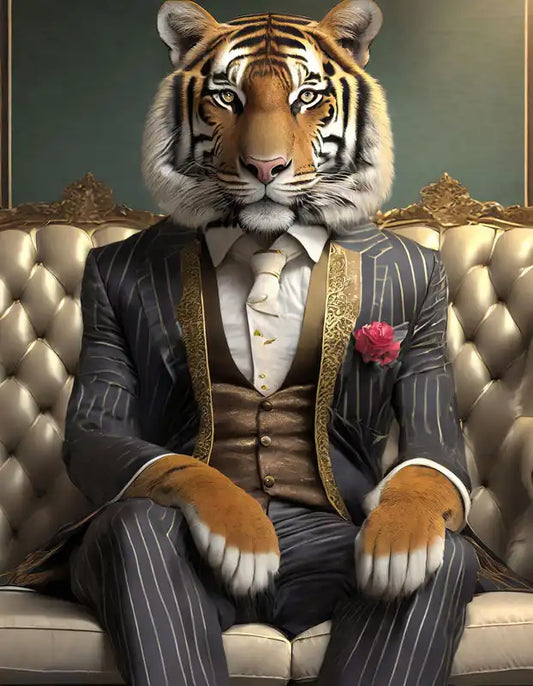 Royal Tiger Wearing Suit Sitting On A Sofa