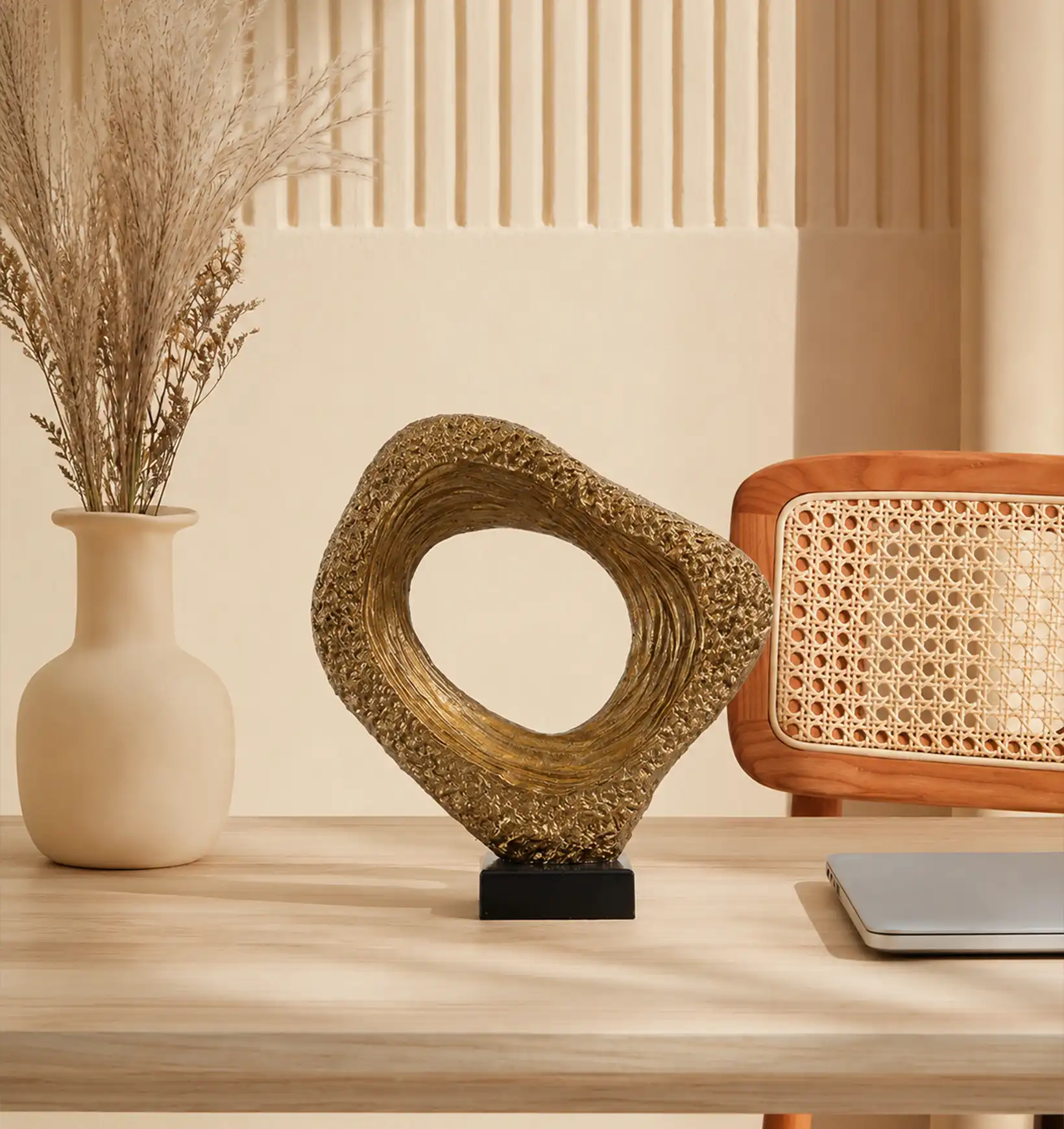 Abstract gold sculpture with a hollow center on a black base, next to a beige vase with dried pampas grass